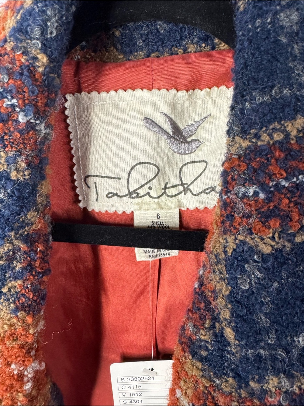 Tabitha Wool Blend Plaid Tie Waist Blazer Jacket Navy Rust Orange Size 6 NWT - Picture 4 of 12